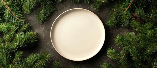 Aufkleber - Top view of a holiday plate surrounded by green fir tree branches Christmas dinner featuring copy space