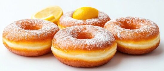 Fototapete - Doughnuts filled with creamy lemon on a white background Copyspace for your text Snack and dessert option