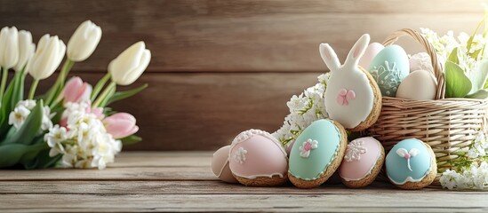 Poster - Easter greeting card background featuring pastel colored eggs and homemade cookies shaped like eggs and bunny rabbits along with a basket tulips and a rustic wooden table with copy space