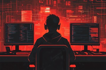Poster - Hacker silhouette working on red background.