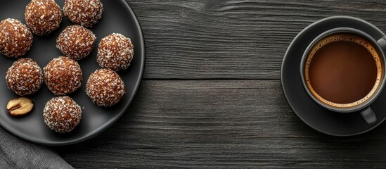 Leinwandbilder - Nut balls dessert accompanied by coffee on a dark wooden table top view. with copy space image. Place for adding text or design