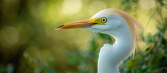 Poster - Closeup profile portrait of a cattle egret with a green grass background and copyspace