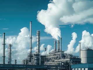 Wall Mural - Industrial Factory with Smoke Stacks Emitting Clouds Against Blue Sky