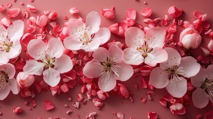 Wall Mural - Beautiful arrangement of cherry blossoms and petals on a soft pink backdrop during springtime