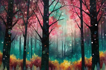 Wall Mural - Vibrant, stylized digital painting of a forest. The layout features tall, slender trees with dark trunks and branches, colorful fantasy jungle