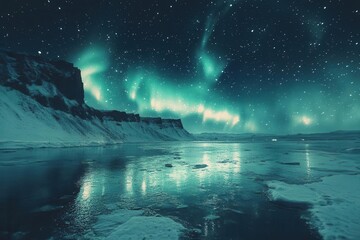 Wall Mural - mesmerizing arctic night sky vibrant green aurora borealis dances above a serene snowcovered landsca