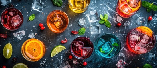 Poster - A variety of liqueurs in glasses on a dark textured table viewed from above Room for text. with copy space image. Place for adding text or design
