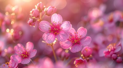 Wall Mural - Beautiful pink cherry blossoms blooming in a serene garden at sunset during springtime