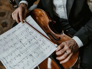 Sticker - Closeup of a violinist's hands holding a violin and sheet music.