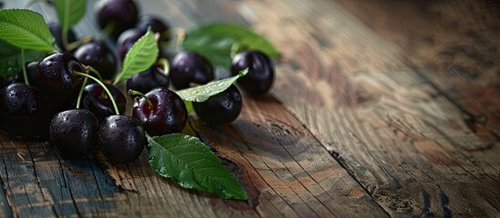 Poster - Close up of fresh black cherries on a wooden surface. with copy space image. Place for adding text or design