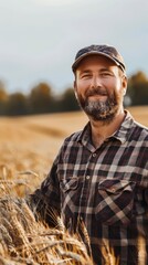 Poster - A man with a beard and a plaid shirt stands in a field of wheat