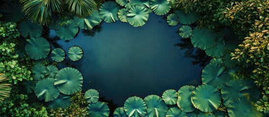 Poster - Aerial perspective of lotus plants in a park. with copy space image. Place for adding text or design