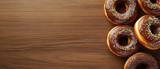 Fototapete - Assorted donuts on a wooden background viewed from above with empty space for text Chocolate and vanilla frosted donuts adorned with colorful sprinkles Glazed donuts with sprinkles on a wooden surfac