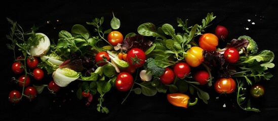 Poster - Top view Healthy food Vegetables against a black background. with copy space image. Place for adding text or design