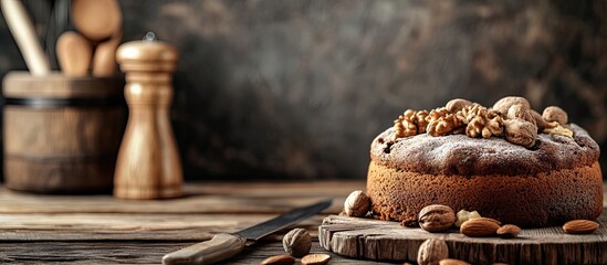 Poster - Walnut cake nuts and wooden kitchen tools on an aged wooden table Copy space