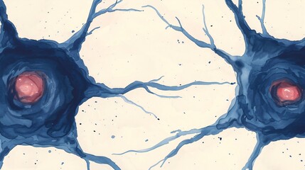 This image showcases two neurons illustrated in blue, connected intricately through strands, capturing the beauty and complexity of neural connections in a clear and artistic manner.