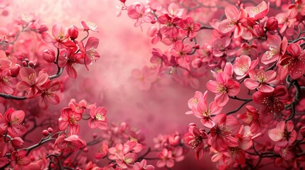 Wall Mural - Vibrant cherry blossoms bloom against a soft pink backdrop during early spring in a tranquil garden setting