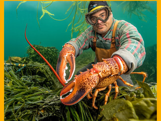 Canvas Print - A man is holding a large lobster in his hands. The lobster is red and has white spots. The man is wearing a yellow shirt and a hat. The image has a mood of excitement and adventure