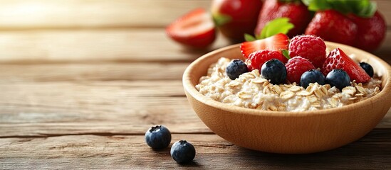 Aufkleber - Oatmeal is in a wooden plate on the table accompanied by fruits A choice for a healthy lifestyle Breakfast. with copy space image. Place for adding text or design