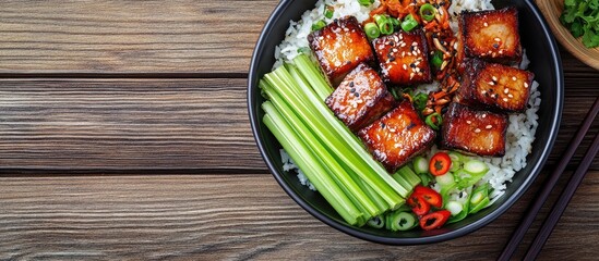 Aufkleber - Grilled deep fried pork belly in a bowl with rice celery chili pepper and spring onion with chopsticks on an aged wooden surface Flat lay copyspace
