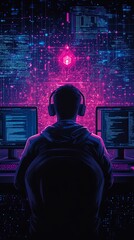 Fototapete - Hacker in Neon Digital World.
