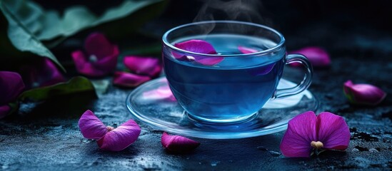Poster - Butterfly pea flower tea against a dark backdrop. with copy space image. Place for adding text or design