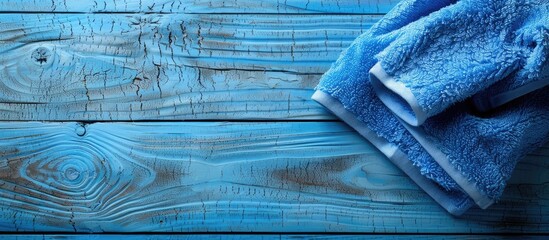 Aufkleber - Blue towel viewed from above on a wooden blue surface close up with copy space Soft blue napkin in close up