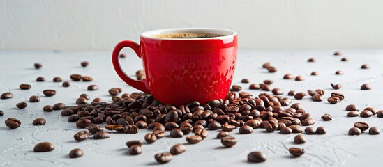 coffee beans in a red mug isolated on white. with copy space image. Place for adding text or design