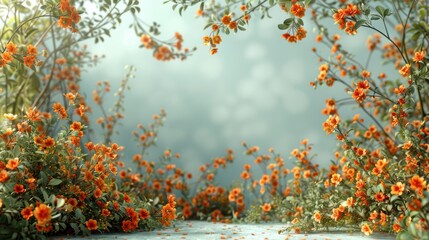 Wall Mural - Vibrant orange flowers bloom in a tranquil garden during golden hour by a serene water feature