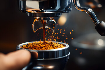 Poster - ground coffee pouring into a portafilter with a grinder