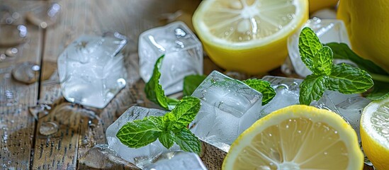 Poster - Fresh lemons mint leaves and ice cubes placed on a wooden surface. with copy space image. Place for adding text or design