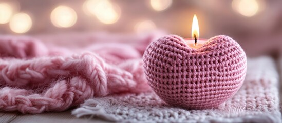 Aufkleber - Handmade crochet pink heart on a candle for Valentine s Day with copyspace Selective focus