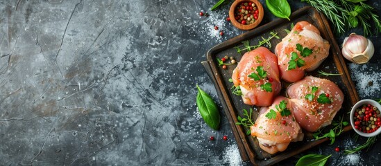 Poster - Fresh raw chicken thighs and legs on a cutting board with spices being prepared for cooking Gray background Top view Copy space