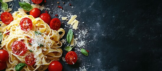 Poster - Pasta tomato tagliatelle and parmesan cheese meal snack on the table copyspace food background rustic top view