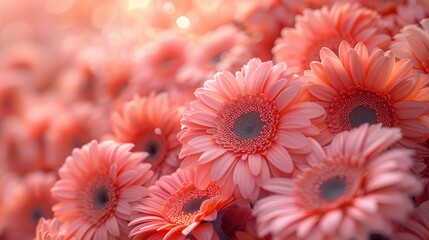 Exquisite display of blooming pink gerbera daisies glowing in soft sunlight