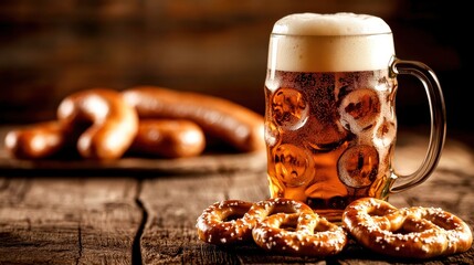 A frothy mug of beer alongside warm, soft pretzels creates a perfect pairing for an enjoyable evening at the pub