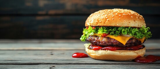 Poster - Delicious homemade burgers topped with lettuce ketchup cheese and chicken on a gray wooden surface Copyspace