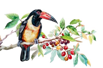 Sticker - Watercolor Illustration of a Toucan Perched on a Branch with Berries.