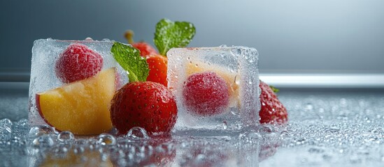 Aufkleber - Ice cubes with fruit in a glass cabinet and water droplets with copy space for adding text