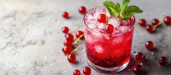 Leinwandbilder - Fresh currant cocktail A refreshing summer drink featuring red currants and ice cubes Glass of red currant mojito. with copy space image. Place for adding text or design