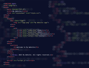 Fototapete - Simple Website HTML Code with Colorful Tags in Code Editor on Dark Background. Vector Illustration. Software Web Developer Programming Education Concept Background.