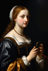 Wall Mural - Renaissance-style painting portrait of a princess in gothic clothing holding a smartphone in her hand, Generative AI