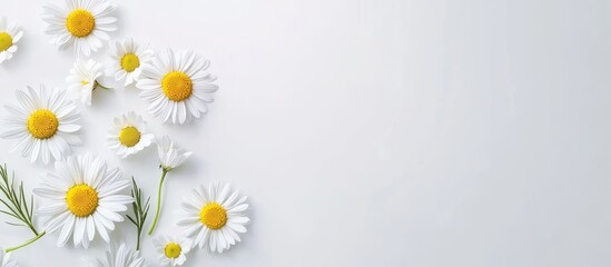 Aufkleber - Flat lay arrangement featuring blooming daisies with text space on a white background Spring flowers. with copy space image. Place for adding text or design