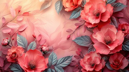 Wall Mural - Beautiful floral arrangement featuring red and pink blossoms with green leaves on a soft pastel background