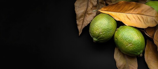 Aufkleber - Focus on dried leaves and three limes against a black background. with copy space image. Place for adding text or design
