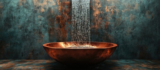 Poster - Water flows into the copper wash basin. with copy space image. Place for adding text or design