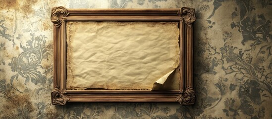 Poster - Worn wrinkled paper in a dilapidated wooden frame mounted on a vintage wallpaper wall. with copy space image. Place for adding text or design