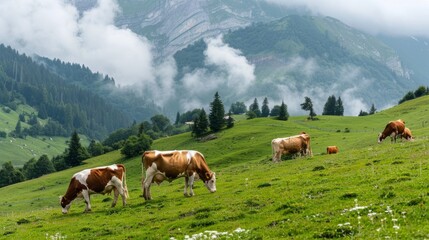 Poster - A herd of cows graze in a lush green field