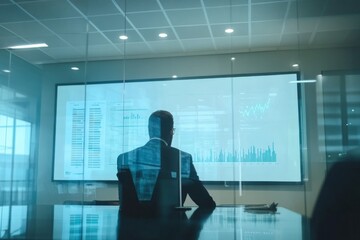 Wall Mural - A person reflects on data presented on a large screen in a contemporary meeting space, deep in thought during a work session