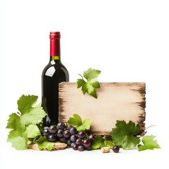 Empty wooden sign with a wine bottle and grapes on a white background